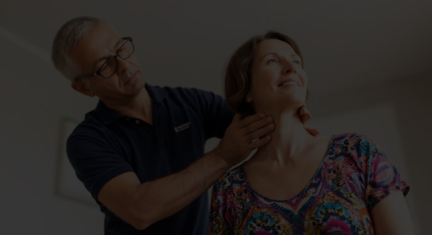 Chiropractor adjusting woman's neck in therapy session.