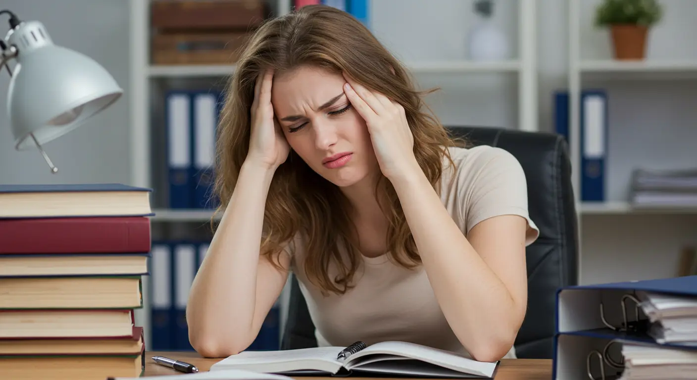 Stressed woman studying at desk with books