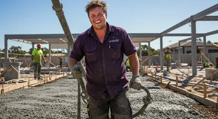 Construction worker smiling while laying concrete.