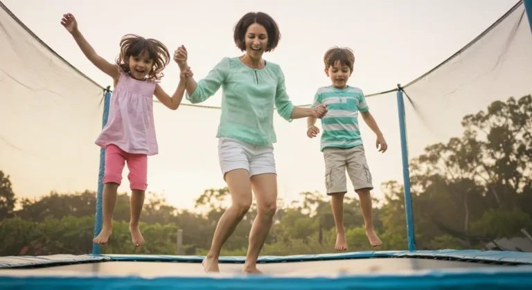 Mother on trampoline with her two kids.