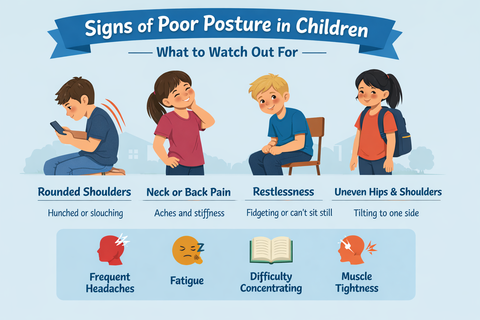 Cartoon of 4 children showing signs of posture issues.