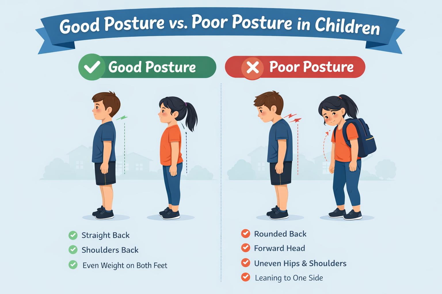 One image of a boy and a girl showing good posture next to an image showing them with bad posture.